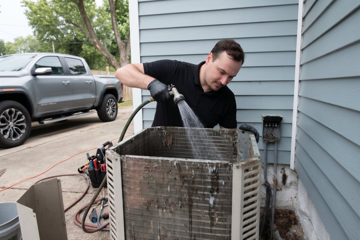 Man cleaning outdoor air conditioning unit with water spray near gray house and parked truck