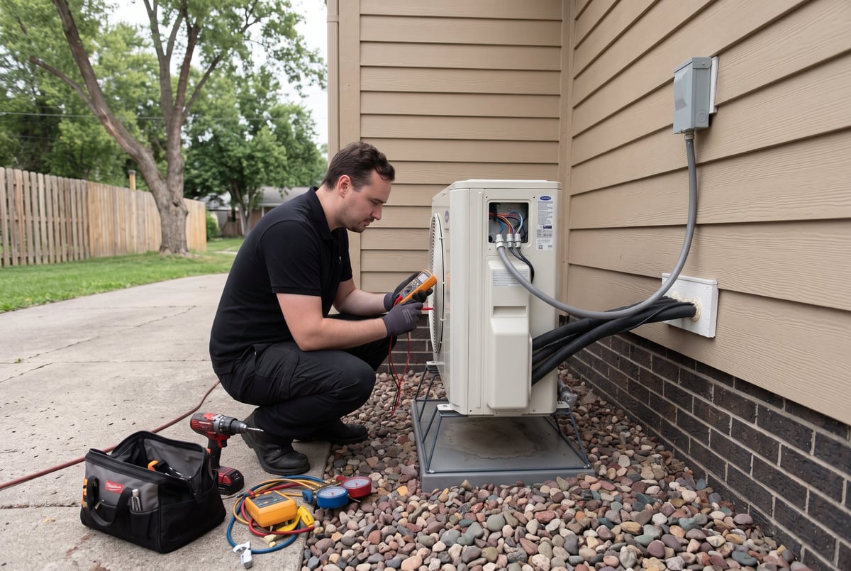 HVAC technician in black shirt crouching while working on outdoor heat pump unit, with tools scattered nearby