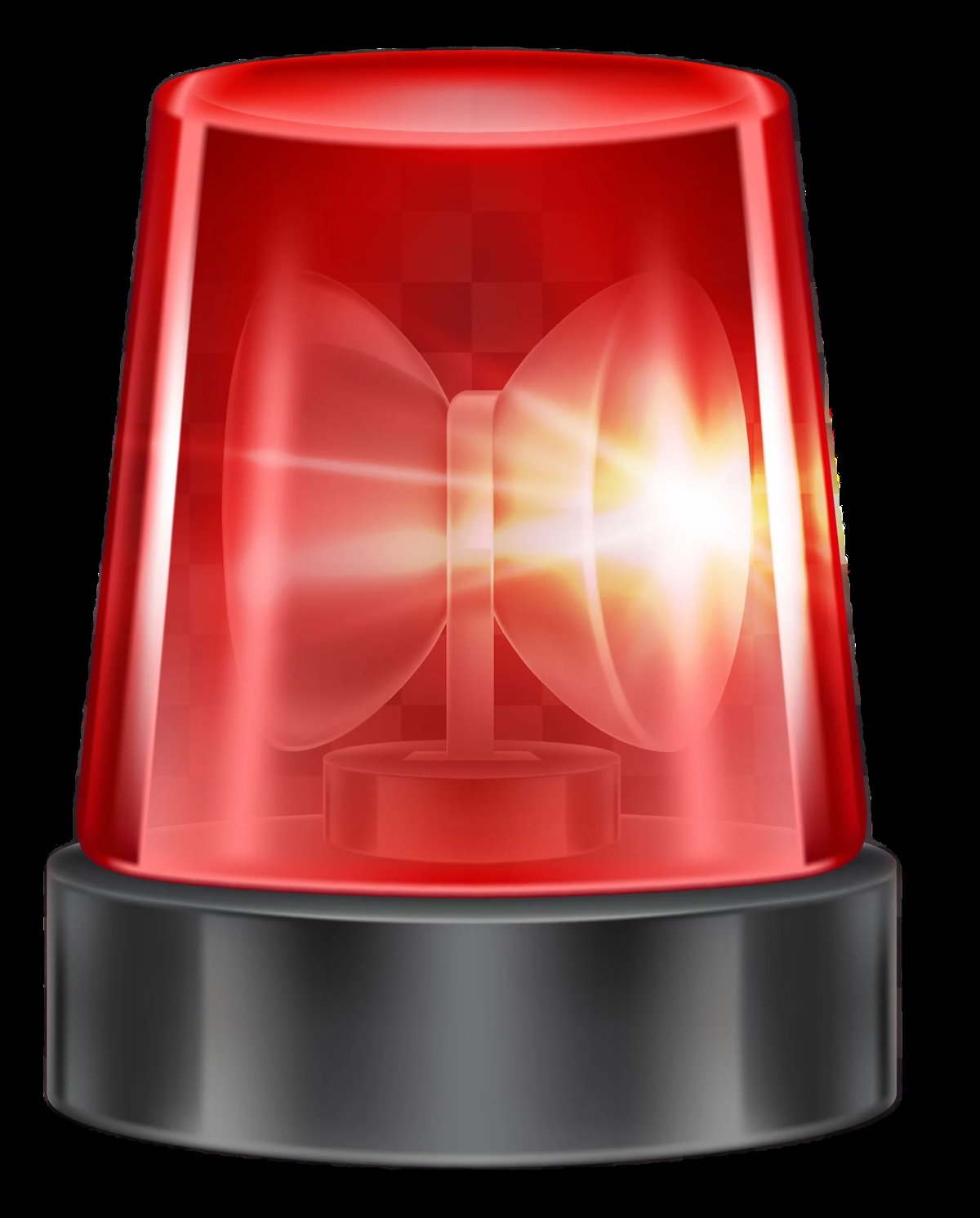 Red rotating beacon light with metallic base flashing against black background