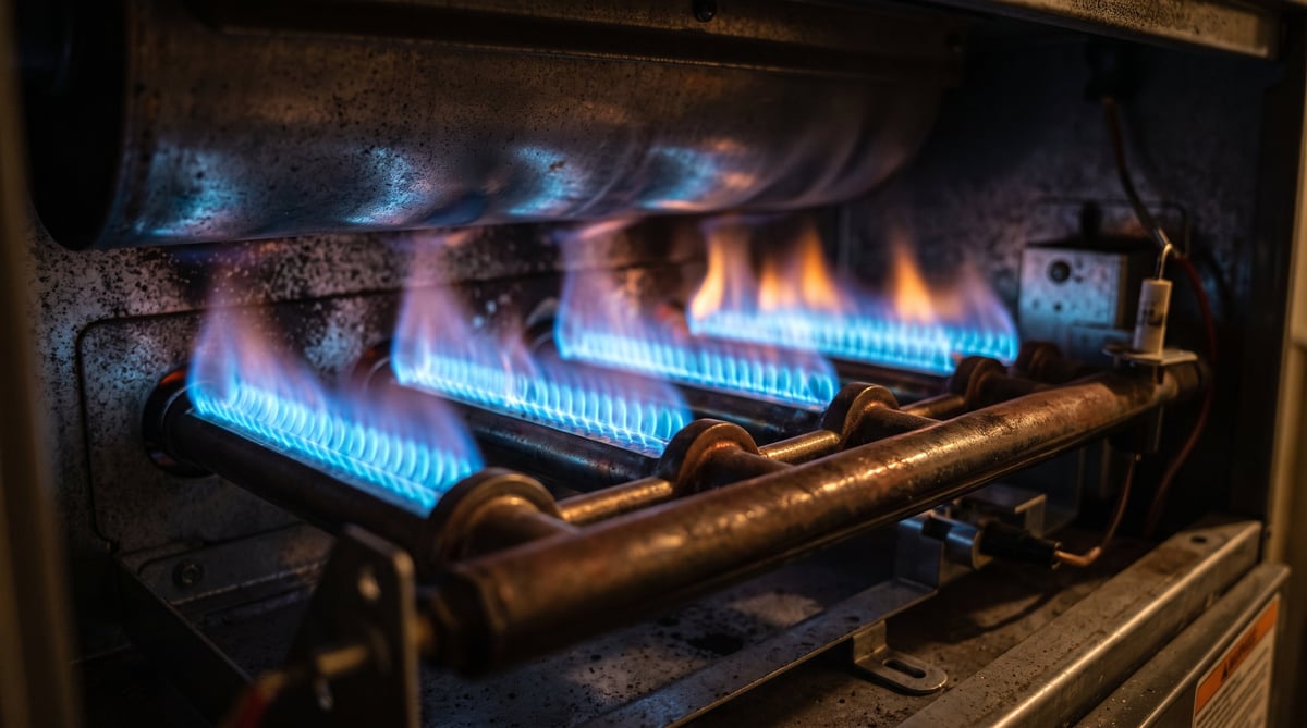 Close-up of a gas fireplace with blue and orange flames burning along copper burner tubes