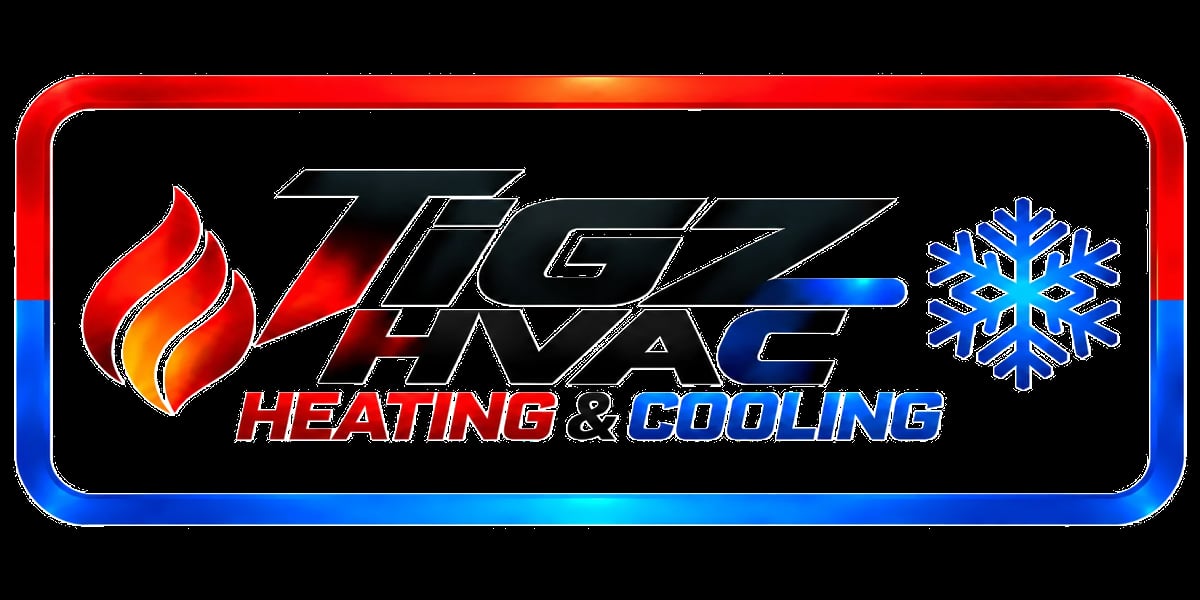 TigZ HVAC Heating and Cooling logo with red and blue frame, flame and snowflake icons